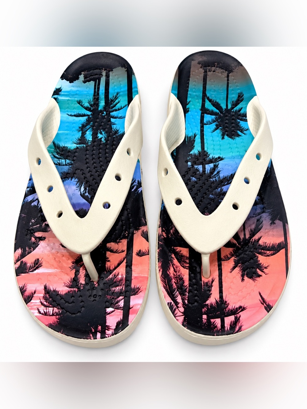 Crocs Iconic Comfort Tropical Palm Tree Sunset Flip Flops Women’s Size 7